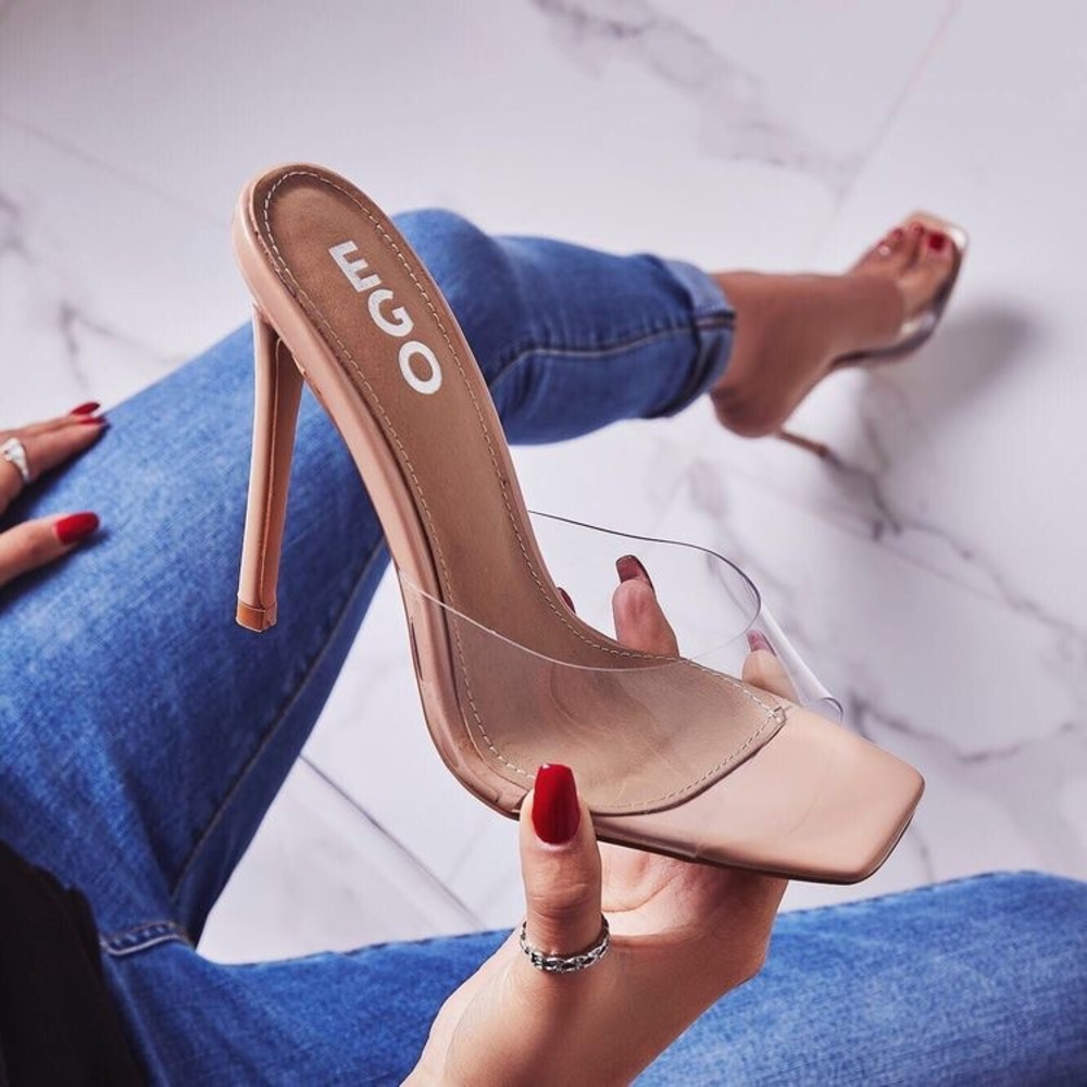 Cyan Square Toe Clear Peep Toe Heel Mule